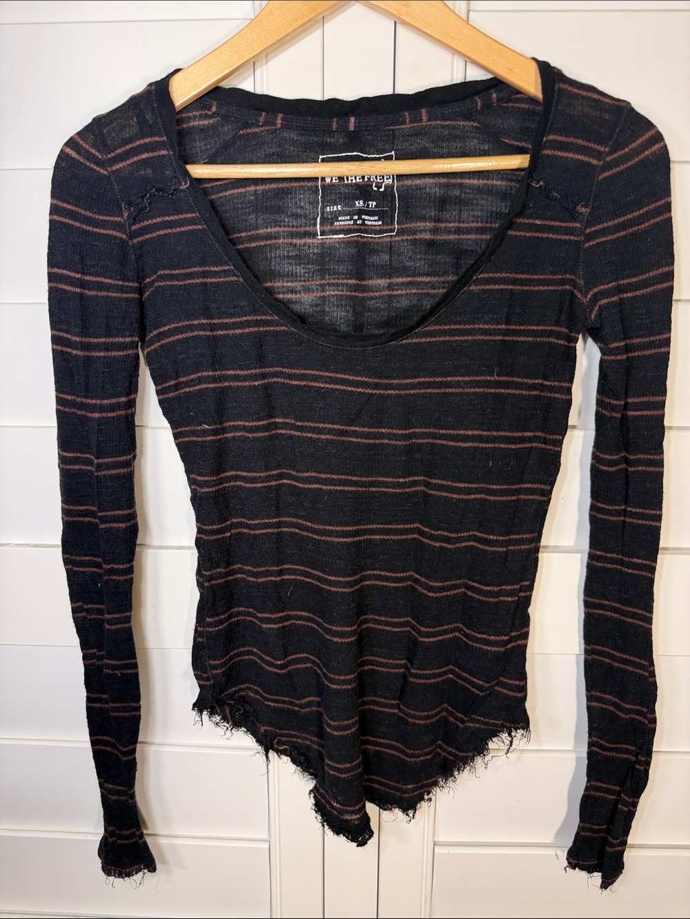 We The Free Black Long-Sleeve Striped Scoop Neck Top with Brown Stripes